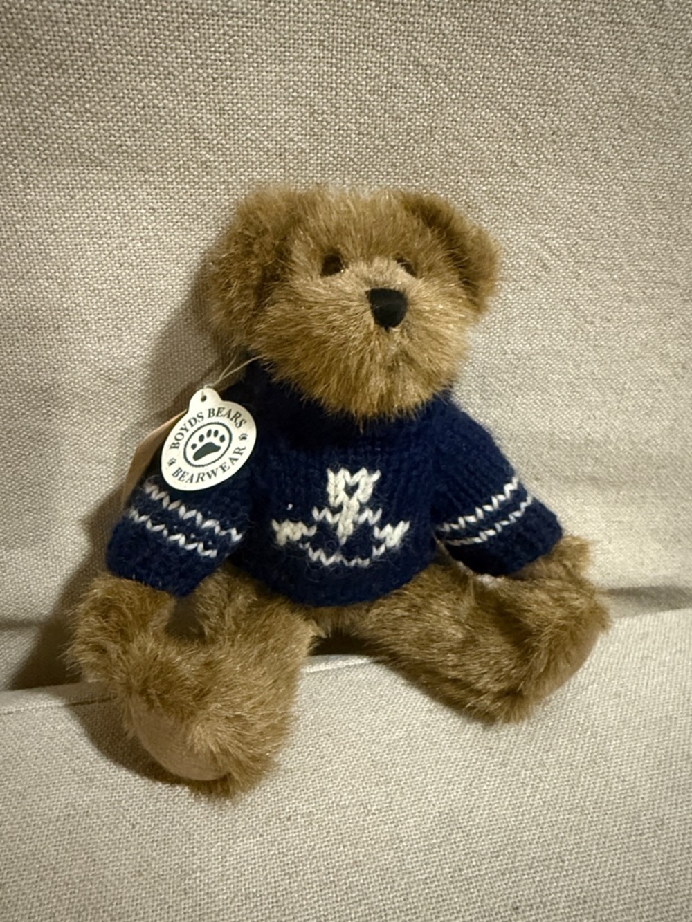 Boyds Bears “Christian” Brown Plush Bear in Navy and White Sweater